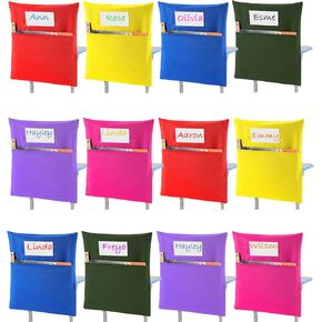 Sanwuta 24 Pack Classroom Chair Pockets, 15 x 17 Inch Book Storage Bags for Chair with Name Slot Students Chairback Pockets for Kindergarten Primary School Home(Multicolor)
