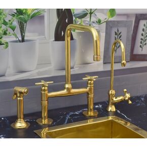 Bridge Faucet + Sprayer + Water Filter Faucet - Solid Brass Bridge Faucet, Unlacquered Brass Bridge Faucet with Ball Center and Square Spout (A3)