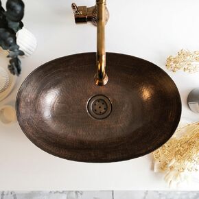 100% Copper Hand-Hammered Oval Sink with Drain Cap - 8"-20" Sizes & Finishes (Dark Copper, Green Patina)