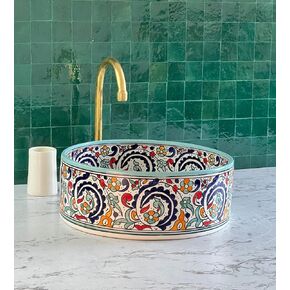 Handmade Countertop Ceramic Wash basin Sink, Floral Sink Bowl, Hand Painted Above Counter Vanity Vessel Sink, Farmhouse Bathroom Ceramic Basin with 2 Gifts (14"= 35cm)