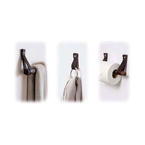 Bathroom Fixture Kit includes leather & wood Toilet Paper Roll Holder, Bath Towel Rail, leather & brass hanging Hand Towel Ring hook with gold hardware, straps are wall mounted, accessories rack
