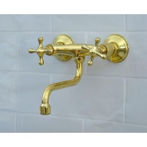 Unlacquered Brass Wall-Mounted Kitchen Faucet with Double Cross Handles and 8-Inch Swivel Spout for Hot and Cold Water Mixing (Style 1)