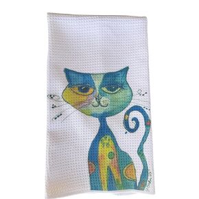 Decorative Kitchen Towel with Colorful Whimsical Cat Design, Waffle Weave Cotton