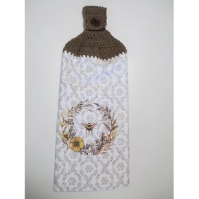 Crocheted FULL Towel Honey Bees and Flowers Kitchen Towel with Cafe Latte Yarn