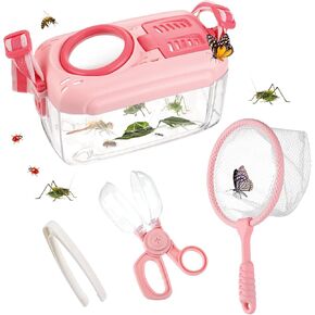 Biubee Bug Catcher for Kids - Sturdy Kid Bug Catching Kit Gifts with Butterfly Net Collector Insect Catcher Tweezer, Pink Kids Bug Habitat Outdoor Explorer Kit for Girls Age 3 4 5 6 7 8