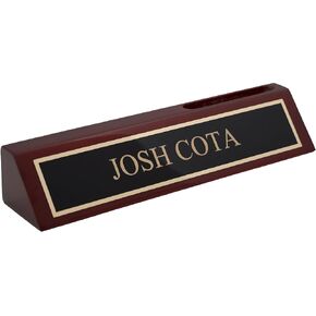 Dayspring Pens | Engraved Woodmark Rosewood Desk Wedge with Custom Name Plate and Business Card Holder. Personalized Office Gift for Business Professionals. Rich Wood Finish with Brass Accents.