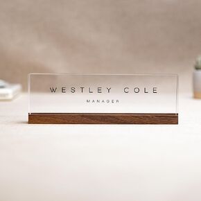 Personalized Acrylic Name Block w/Wooden Base (Design 3) - 9.75 x 2.75 x 1.125" Minimal Executive Desk CEO Job Office Decor Teacher or Promotion (Ice White Acrylic)