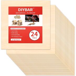 24pcs Basswood Plywood for Crafts Unfinished Wood Boards for Laser Cutting, Wood Burning, Architectural Models, Staining (9 x 9 inch(24pack))