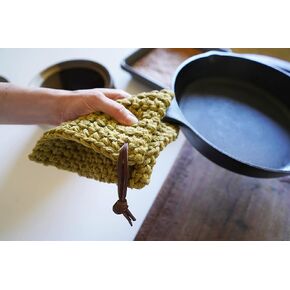 Eco Friendly Organic Double Thick Cotton Potholder, Hand crocheted & Hand dyed - Pot Holders handmade with removable leather loops trivet natural hot pad washable modern kitchen (LINEN)
