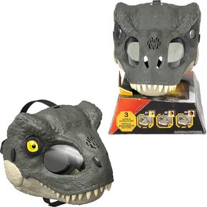 Mattel Jurassic World Rebirth T-Rex Rage N Roar Mask with LED Light Up Eyes, Blink Action with 3 Level Aggression Effect, Dinosaur Costume Headgear Toy