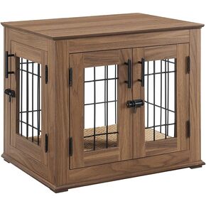 beeNbkks Furniture Style Dog Crate End Table, Double Doors Wooden Wire Dog Kennel with Pet Bed, Decorative Pet Crate Dog House Indoor Medium Large