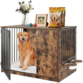 Dog Crate Furniture with Cushion for Large Dogs, 36" Indoor Wooden Dog Kennel with 270° Swivel Door, 360° Rotating Feeder, Decorative Heavy Duty Dog House with Double Locks & Bowls, Rustic Brown