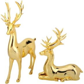 2PS Metal Resin Reindeer Statue Modern Style Lucky Deer Figurine Home Office Desktop Gold Decor Animals Sculpture Gift (Silvery)