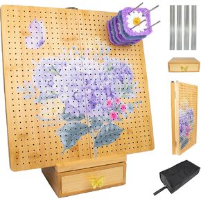 Crochet Cast Foldable Bamboo Crochet Blocking Board 15" | 40  Stainless  Steel Rods, Hydrangea Art, Carry Bag  &  Drawer, Anti‑Slip Dots | Granny Square & Knitting Projects – 0.8" Thick Adjustable Mat