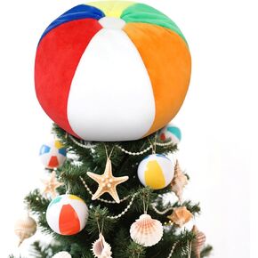 Summer Beach Ball Tree Topper, 8" Rainbow Beach Ball Tree Decor, Plush Stuffed Summer Tree Topper for Christmas in July Pool Beach Luau Hawaiian Themed Tropical Party