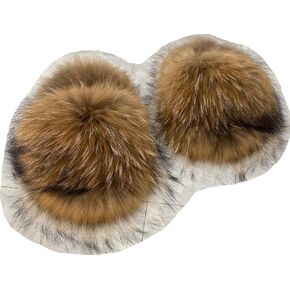 Furinfashion RSF1 Raccoon Raccoon Fur Slippers للنساء مع فرو عروض كبيرة من الفرو الفراء في الهواء الطلق شرائح فراء Fuzzy Shoes Holiday Beach Show (8 ، Natural Brown)