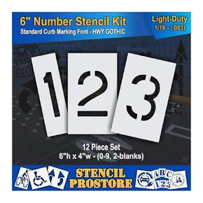Curb and Median Stencils - 6 inch Number KIT Stencil Set - (12 Piece) - 6" x 4" x 1/16" (63 mil) - Light-Duty