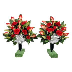 Realistic Artificial Cemetery Flowers - Silk Faux Floral Red Rose and Calla Lily Bouquet Pair for Grave - 2 Headstone Decorations - Memorial Flowers