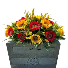 Red Yellow Sunflower Cemetery Saddle Memorial Decoration - Realistic Silk Faux Floral Artificial Grave Flowers for Headstone Decorating