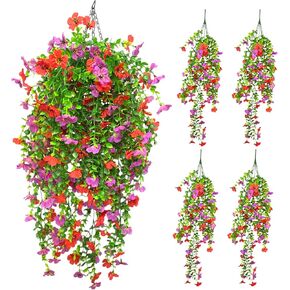 Artificial Plastic Fake Hanging Flowers Plants for Outdoor Spring Decoration, 4 PCS Faux Silk Daisy with Eucalyptus Leaves, UV Resistant Look Real for Home Indoor Outside Planter Porch Decor