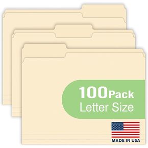 Manila File Folders – Letter Size (8.5" x 11"), 1/3-Cut Oversized Tabs, 100 Pack, Heavyweight 120LB/220GSM Durable Paper Folders for Home, Office, School – Made in USA