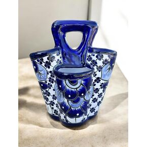 Talavera Blue and White معالجة Undensil Holder | 4 منظم المؤسسة | الفخار المكسيكي المصنوع يدويًا | ديكور المطبخ النابض بالحياة