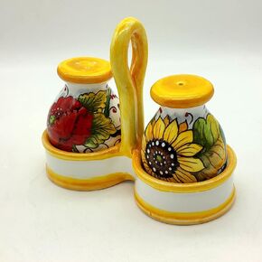 Italian Ceramic Salt and Pepper shakers Sunflower Poppies - Hand Painted Made in ITALY Tuscany - Italian Pottery salt and peppers holder - Home Decor Ceramics white seasons
