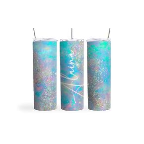 20oz Skinny Tumbler Personalized Multicolored Blue And Silver Glitter - Stainless Steel Double Wall Insulated Cup With Lid And Straw
