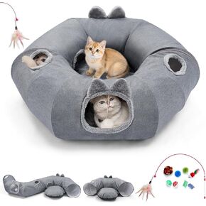 Odoland Summer Linen Cat Tunnels for Indoor Cats with Cooling Central Cat Bed, Interactive Cat Toys Detachable Soft Mat and Variety Kitty Toy Set Hrey