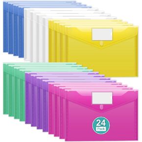 CATIFLIN 24 Pack Plastic Envelopes A4 Letter Size File Folders, Clear Poly Document Holders with Labels, Waterproof Pocket Pouches for School Office Home Organizer Supplies