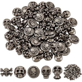 PH PandaHall 80pcs 4 Styles Skull Head Rivets Studs, Decorative Rivet Studs Buttons Spike Studs Skull Head Skeleton Ghost Rivet for Leather Bracelets Bags Belts DIY Craft Making, Antique Silver