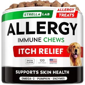 StrellaLab Dog Allergy Relief & Anti Itch Support Chews w/Omega 3: Real Ingredients, Real Taste! Skin & Coat Immune Supplement w/Fish Oil, Pumpkin & Enzymes — Developed by Experts - Made in USA -120Ct