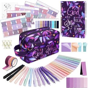 48 Pcs Bible Study Supplies for Women, Bible Journaling Kit Includes Bible Pencil Case, Tags, Pens, Highlighters, 4 Color Clear Sticky Notes, Notebook, 15 Clips, 4 Rolls of Washi Tape & More (Purple)