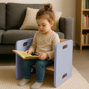 2-Pack Handmade Personalized Montessori Cube Chairs, Blue Wooden Toddler Chairs, Custom Name Engraved, Non-Toxic Water-Based Finish, Birch Plywood, Preschool Furniture