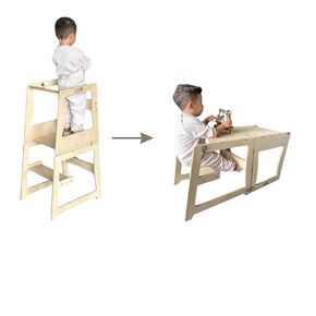 Foldable Wooden Step Stool and Kids Table - Multi-Functional Adjustable Height Activity Tower, Safe Kitchen Helper and Play Table