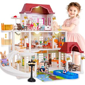 Big Doll House for Girls 3 4 6-12 Year Old Toddler Toys with 4 Doll Toy Figures, Pool Slide, Elevator, Furniture, Pretend Play Dream Dollhouse Playset with Lights Gifts for Kids Girls Age 3 4 5 6