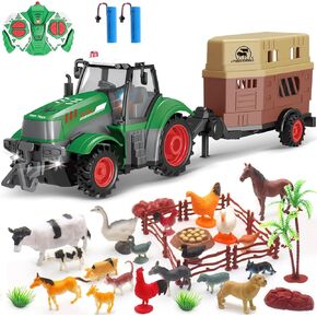 fisca Remote Control Tractor Toy Set with 33PCS Farm Animals Figurines, Livestock Caravan & Fence – 2.4GHz 1/24 Scale Farm Play Set RC Toys Tractor with Light for Kids Age 4, 5, 6, 7 and Up Years Old