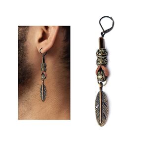 Bronze and Leather Native American Feather Men Earring - Single Hippie Long Man Jewelry Boys Country Western
