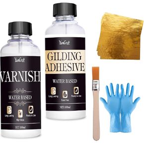 Gold Leaf Kit, 100ml Gilding Adhesive and 100ml Gloss Varnish and Gold Leaf Sheets 100 pcs, 1 Brushes, Gold Leaf Gilding Adhesive Set for Craft, Painting, Arts, Furniture and Decoration