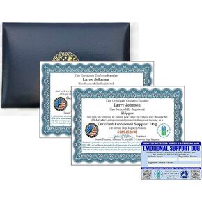 Official Certified Emotional Support Dog Certificates & Leather Presentation Folder, Customized Set of 2 Certificates Includes Handler/Dog Info PVC Card-with Registration at U S Service Dogs Registry
