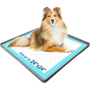 Pee Pad Holder for Dogs, Puppy Pad Tray for 24" x 24" Dog Training Pads, No Spill Silicone Mat with 4 Holder Clamps, Non-Slip Square Puppy Potty Training Tray for Indoor Floor Protection