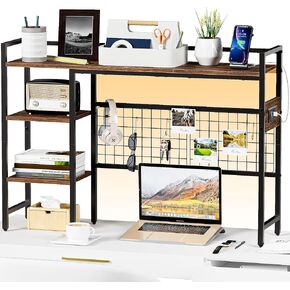 Desk Hutch Shelf - 38" Desktop Hutch with 20 Colors Smart RGB Lights,Desk Shelf Dorm with 4 Tier Storage Rack, 2 USB & 2 AC Outlets（Brown）