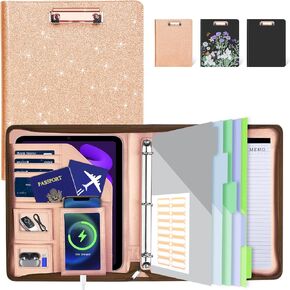 Leather Padfolio Portfolio with Clipboard Storage, Removable 3 Ring Binder 1 Inch Zipper Binder, Document Organizer with Notepad for Women Men, 5 Pocket Dividers, Pen Holder, Card Slot, Black