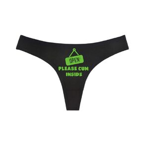 OPEN PLEASE CUM INSIDE - Black Thong - Choose Your Text Color - Humorous Panties Humorous Thong Naughty Sexy Kinky Underwear (M, Aquamarine)