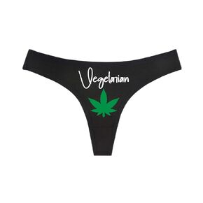 Vegetarian - Black Thong - Pot Leaf Weed Marijuana Leaf 4:20 Mary Jane Humorous Funny Panties (L)
