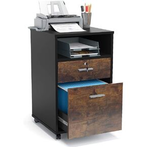 Tribesigns 2 Drawer Mobile File Cabinet with Lock, Wood Modern Filing Cabinet for Letter Size, Printer Stand with Rolling Wheels and Open Storage Shelf for Home Office(Rustic Brown)