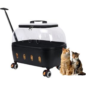 Portable Pet Carrier with Wheels, Clear Rolling Cat Travel Case, Retractable Handle, Pink Trim, 19x14x18 inches (Transparent)