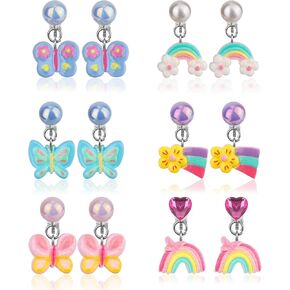 6 Pairs Colorful Clip on Drop Earrings Set, Resin No Pierced Design Kids Child Dangle Earrings Cute Butterfly Ear Clips for Children Toddler Party Daily Wearing Princess Jewelry