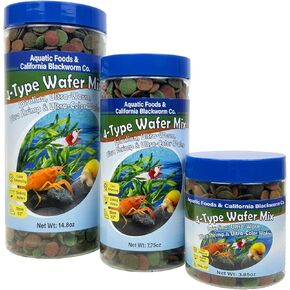 Aquatic Foods Inc. 4-Type 12mm - 1/2" Sinking Wafer Mix of Spirulina-Algae, Ultra-Worm, Shrimp, Color Enhancing for Shrimp, Snails, Crabs, Crayfish, Bottom Fish, 12-Type Pellet Mix Included 6.0oz