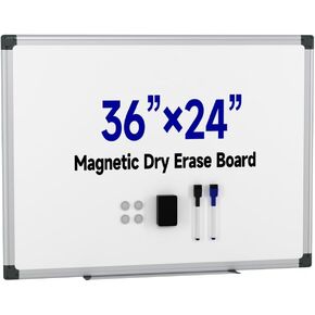 Magnetic White Board Hanging 36" x 24" for Wall, Dry Erase Board for Office, School, Home, Silver Frame, Includes Eraser, Markers, Magnets, Pen Tray